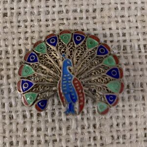 Filagree Enamel Silver Peacock Brooch